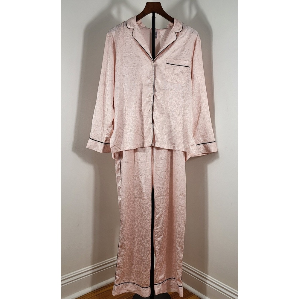 Victoria's Secret Pink Satin Logo Rhinestone Pajama Set Medium Button Up Pants